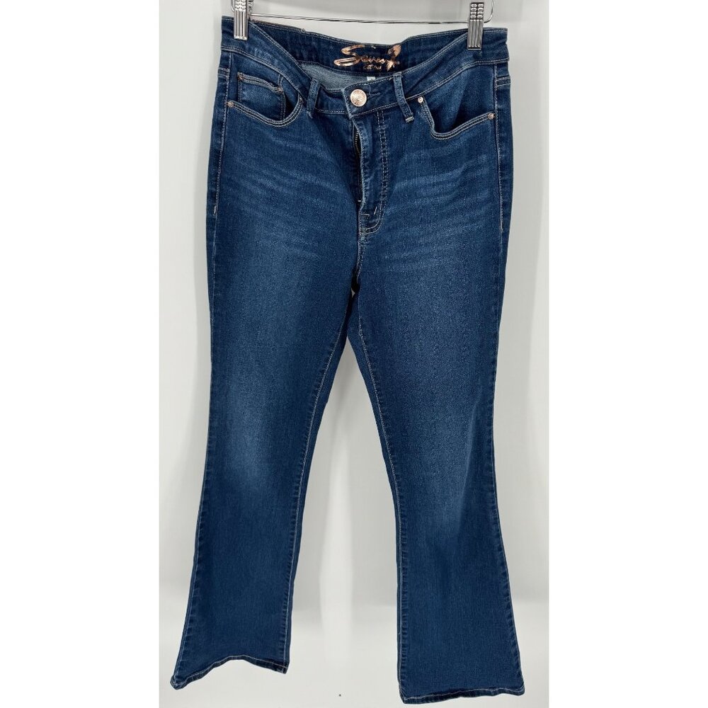 Seven7 Womens Dark Wash Slim Flared Mid-Rise Stretch Denim Jeans